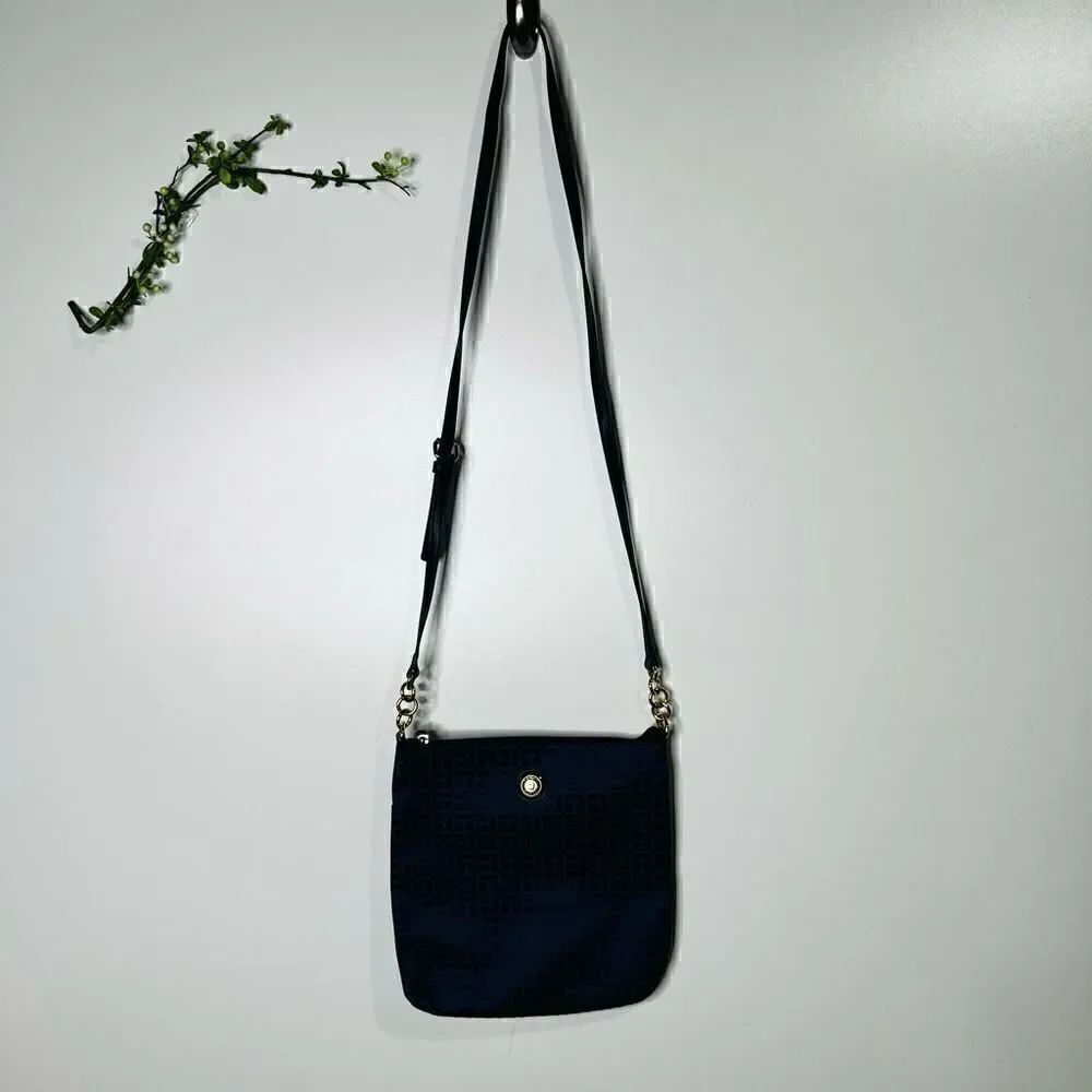 Tommy Hilfiger Women's Navy Blue Synthetic Leather Logo Print Cross Body Bag
